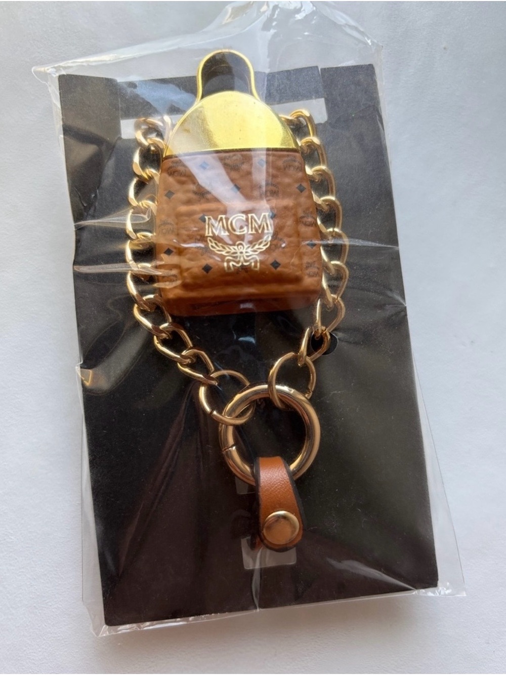MCM Cognac Logo Leather Keychain with Gold Chain - Picture 2 of 4